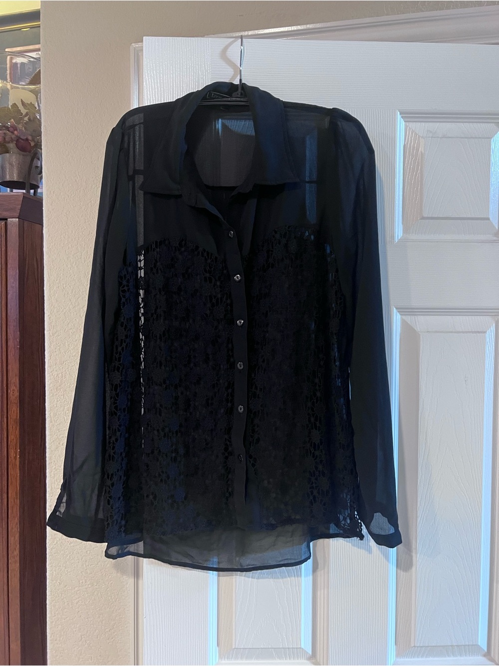 Lovestitch Black Sheer Lace Button Up Blouse Top Women Large L Boho Whimsigoth